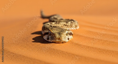 Horned viper snake slithering on desert sand