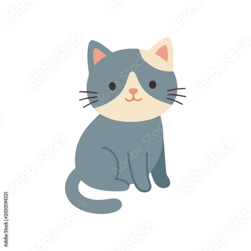 Cute grey cat vector illustration, kawaii sitting kitten cartoon character clip art
