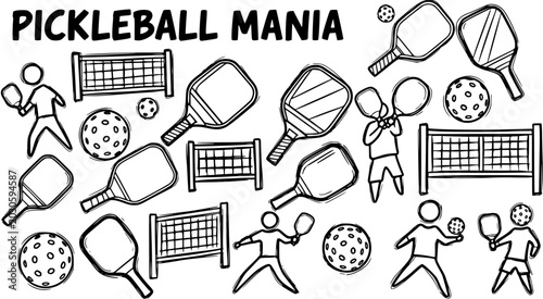 Bild auf Leinwand Pickleball Mania Black  White Line Art Doodle Set