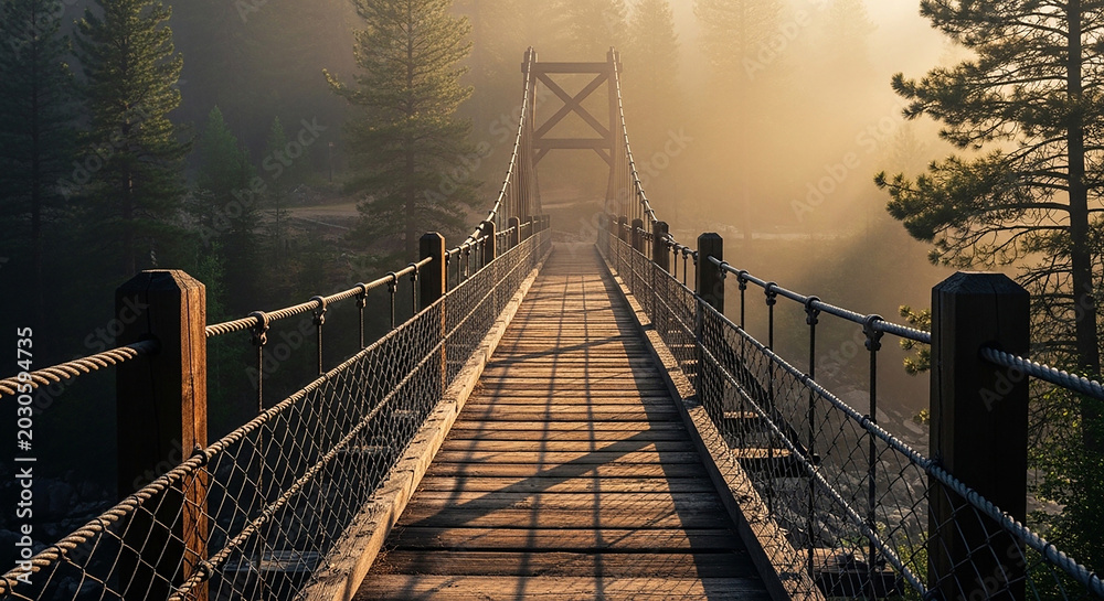 Fototapeta premium Misty Morning Suspension Bridge Over River in Forest