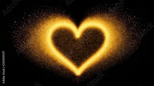 A glowing golden heart, composed of tiny particles, against a stark black background