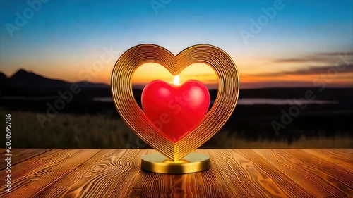 A heart-shaped candle within a golden frame sits on a wooden surface against a sunset