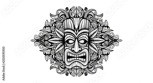 Obraz na płótnie Tribal Tiki Mask Vector Art with Floral Ornaments