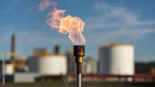 Gas Flare Burning at an Industrial Plant with Storage Tanks