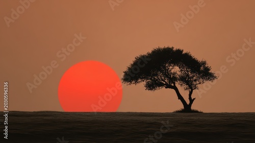 solitary tree silhouette with red sun setting behind it on endless open land, minimalistic sunset landscape, ultra realistic photography, 8k