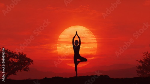 woman doing yoga pose silhouette centered in front of large red sunset sun, minimal open terrain and dramatic sky, hyper realistic photography, 8k 