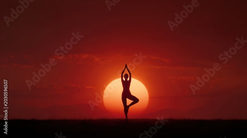 yoga silhouette of woman centered in front of bright red sunset sun, infinite empty land and simple horizon