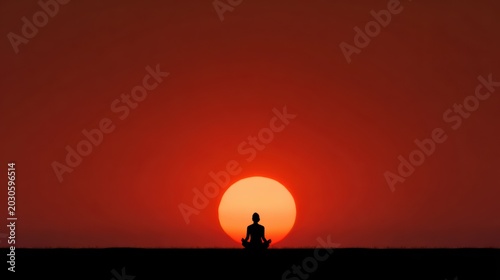 yoga silhouette of woman centered in front of bright red sunset sun, infinite empty land and simple horizon