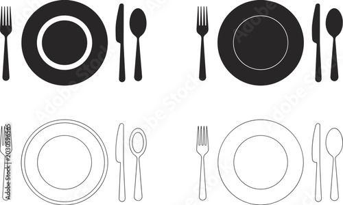 Bild auf Leinwand Black and white icons of dinner plates with forks knives and spoons knife cutler