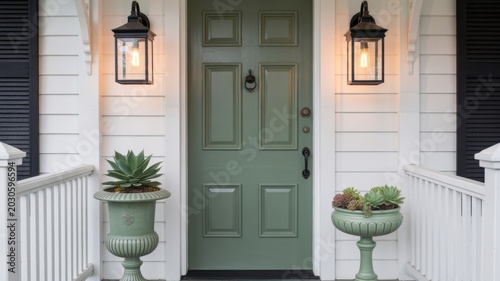 Green front door of a home with white siding, decorative lanterns, and potted succulents on a porch