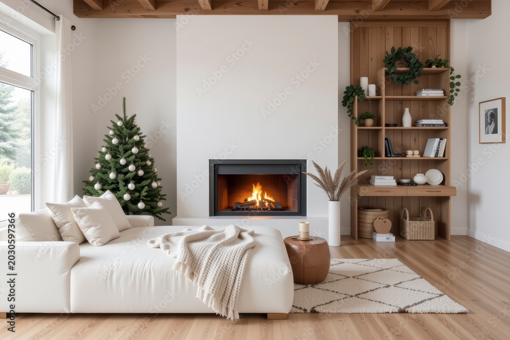 Fototapeta premium Cozy Living Room with Fireplace and Christmas Decor