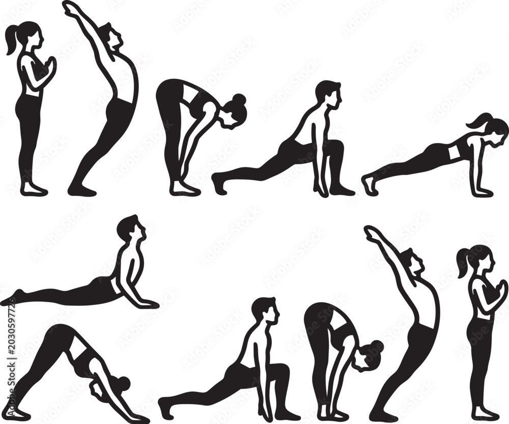 Obraz premium Sun salutation yoga sequence step by step poses line art vector icons set.
