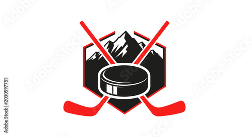 Photography Ice Hockey Emblem with Puck, Crossed Sticks, and Mountains