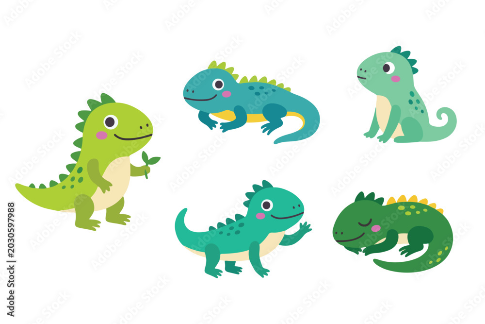Fototapeta premium Cute iguana lizard activity vector element set, kawaii reptile cartoon characters pack