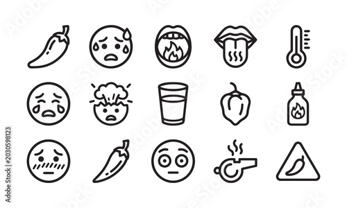 Photos Set of spicy food icons showing chili peppers burning mouth sensations and heat