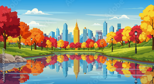 Fotografija Vibrant autumn city park vector illustration with stunning skyline reflected on