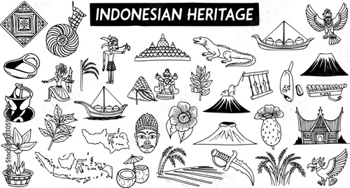 Fotografía Indonesian Heritage Culture Collection: Black  White Hand Drawn Line Art Doodles of Traditional Symbols, Landmarks, Borobudur Temple, Komodo Dragon, and Folk Art Icons