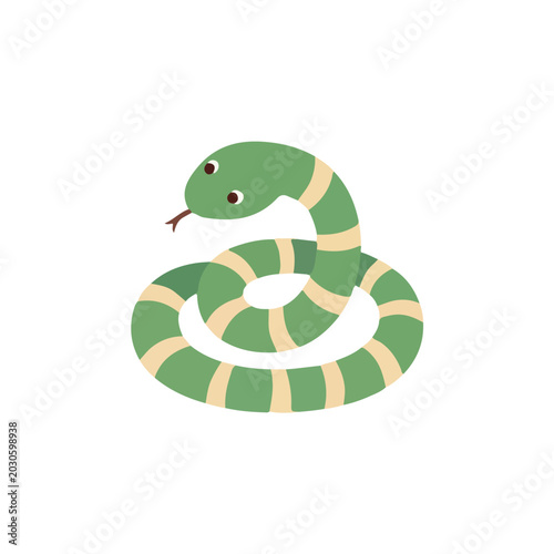 Cute striped green snake coiled vector illustration, funny serpent cartoon character