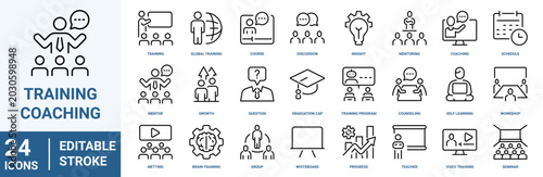 Training and coaching line icon set. Editable Stroke. Coach, mentoring, conference, motivation, potential, mentor. Vector illustration