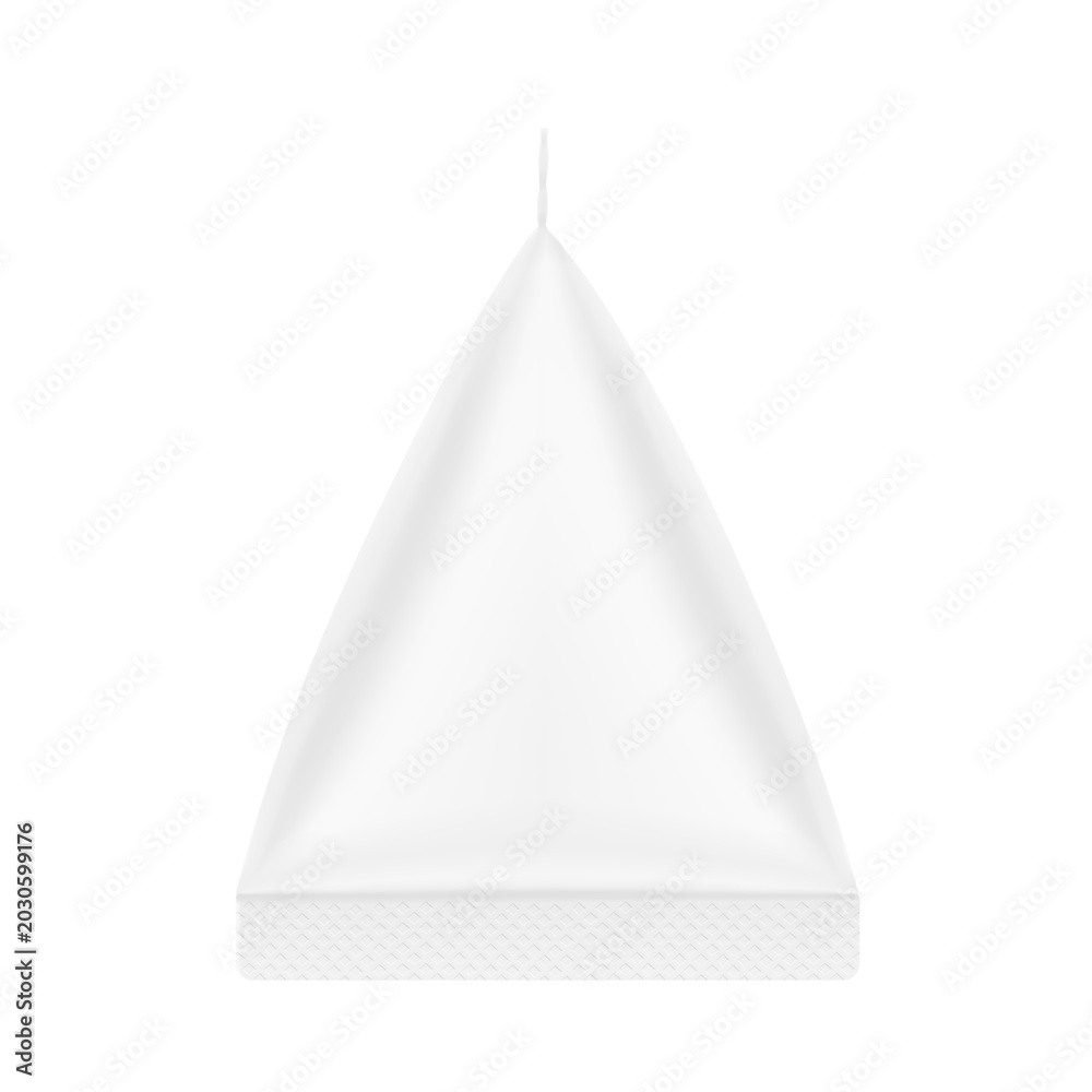 Fototapeta premium Triangle bag sachet pouch mockup for food, cosmetics. Vector illustration isolated on white background. Flat lay view. Can be use for template your design, presentation, promo, ad. EPS10.