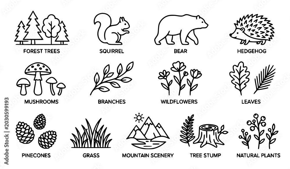 Obraz premium Woodland and Autumn Nature Outline Icons with Forest Animals Plants and Editable Stroke Elements