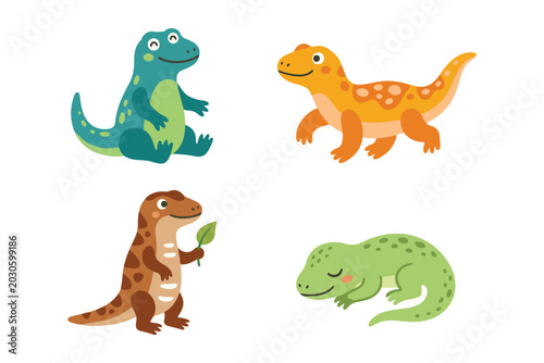 Cute komodo dragon lizard activity vector element set, kawaii reptile cartoon pack
