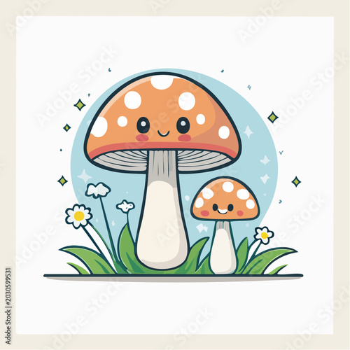 Cute Kawaii Mushrooms with Smiling Faces in a Field