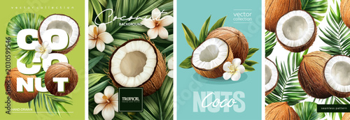 Hand drawn set of designs and patterns. Vectorized gouache illustrations. Illustrations of coconuts with tropical leaves for poster, prints, menu, card or textile