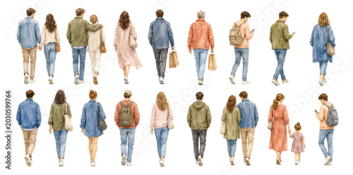 A charming hand drawn watercolor collection of casual urban people walking featuring modern men, women, couples, and a child in relaxed rear view poses illustrated in a soft lifestyle style.