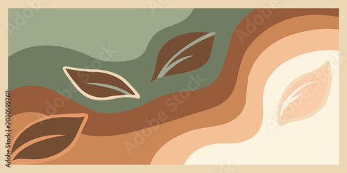 Abstract background with organic wavy shapes and floating leaves in a modern minimalist style. Earthy color palette with sage green, terracotta, and beige.