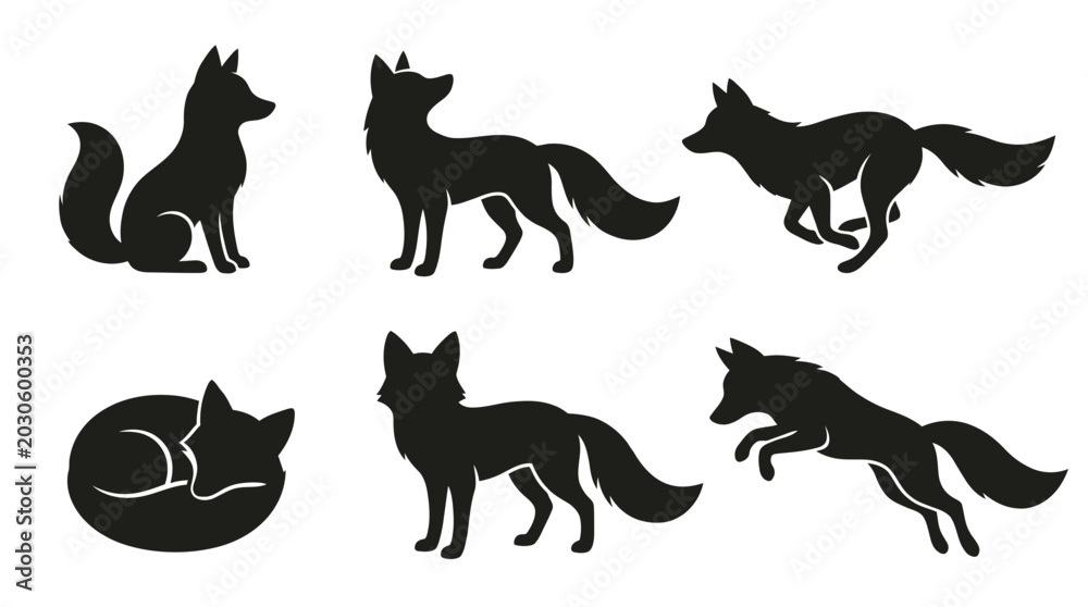 Obraz premium different black fox silhouettes on a clean white background, minimalist vector style.