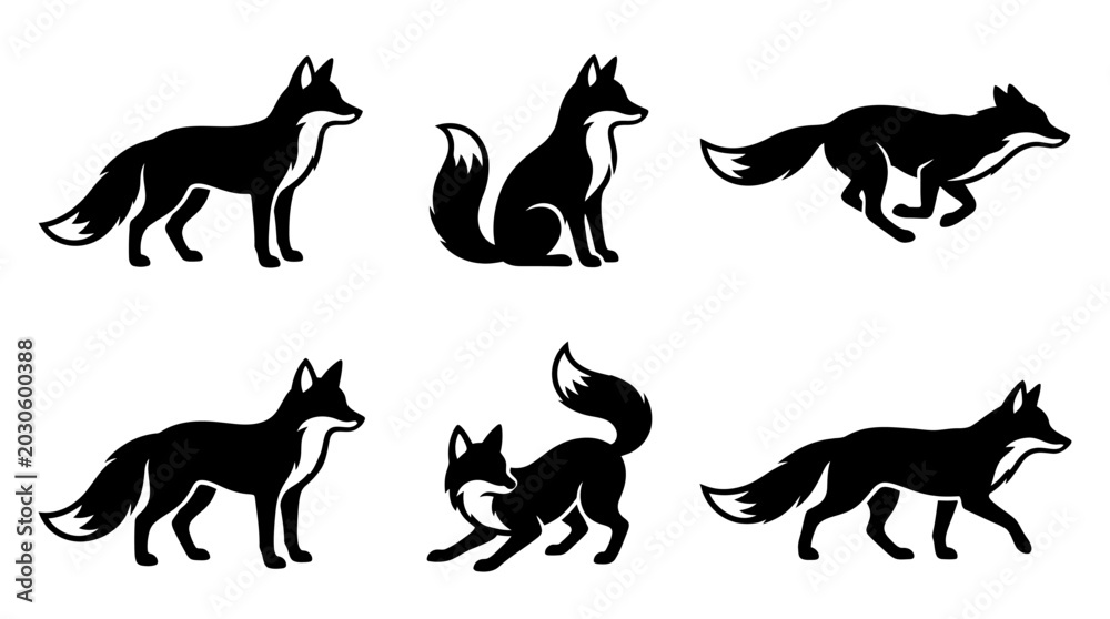 Obraz premium different black fox silhouettes on a clean white background, minimalist vector style.
