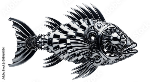 Steampunk mechanical fish sculpture made of polished chrome gears and clockwork parts. Futuristic metallic robot fish with intricate silver machinery details. Industrial bionic sea creature.