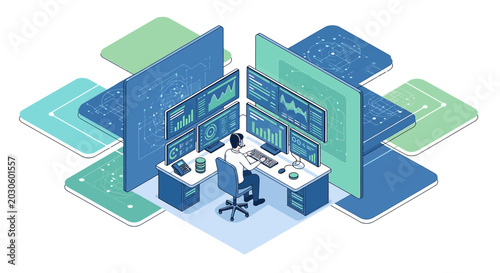 Stock market analyst working at trading desk with multiple computer monitors