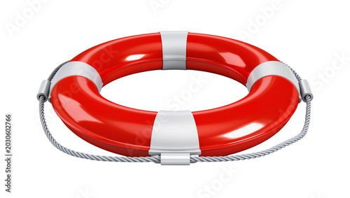Bild auf Leinwand Bright red life preserver ring with white stripes and rope, isolated on transpar