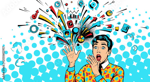 Surprised Man, Pop Art Explosion of Ideas, Data Visualization, Analytics, Creativity