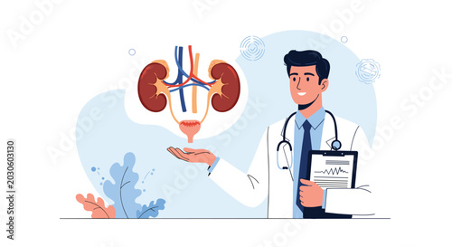 Professional male doctor explains human urinary system anatomy using a diagram showing the kidneys, bladder, and connecting tubes.