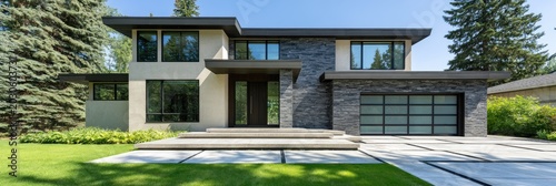 A modern two-story residence with stone accents and a glass garage door