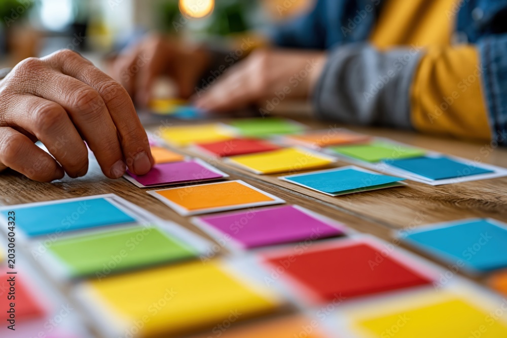 Fototapeta premium Hands sorting colorful cards and blank sheets during educational research activity