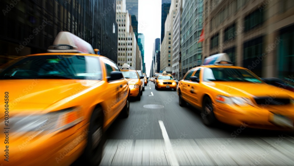 Fototapeta premium Dynamic low-angle wide-angle shot of a fleet of yellow taxis speeding through a dense city skyscraper canyon with heavy motion blur conveying speed and urban rush-hour intensity.