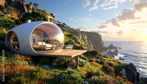 Modern pod house cliffside view