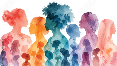 Quadro su tela A contemporary watercolor illustration of layered women silhouette portraits featuring diverse feminine profiles in vibrant translucent hues, expressing unity, connection