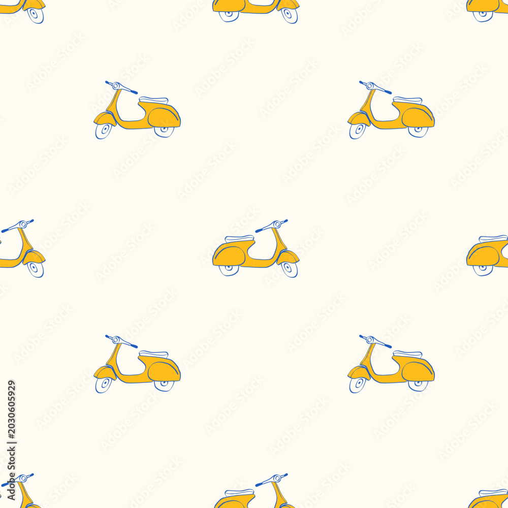 Fototapeta premium Seamless scooter pattern with yellow retro motorbikes. Minimal repeating background with hand drawn transport elements. Vector design for fabric, textile and wrapping paper.
