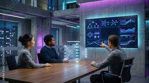 Diverse AI researchers sitting at a dark oak table in a futuristic brutalist office, examining a holographic neural network and a digital data dashboard screen.