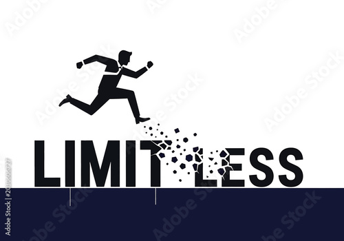 Bild auf Leinwand A conceptual illustration of a businessman jumping over the word Limitless, which is shattering into pieces, symbolizing overcoming obstacles and success