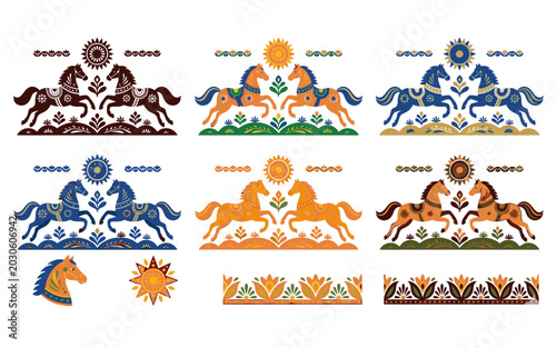 Cuadro en lienzo Traditional khokhloma horse patterns on transparent background