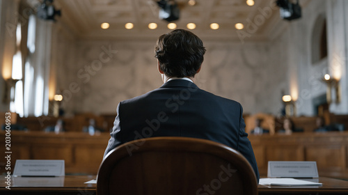 Parliamentary hearing room where AI regulation testimony is underway, technical expert at witness table facing government panel, formal nameplate placards visible, overhead document cameras recordin