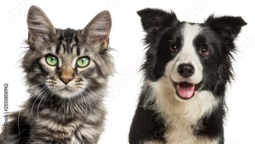 Tabby cat with green eyes and black and white dog, isolated on transparent background