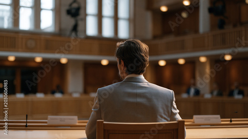 Parliamentary hearing room where AI regulation testimony is underway, technical expert at witness table facing government panel, formal nameplate placards visible, overhead document cameras recordin