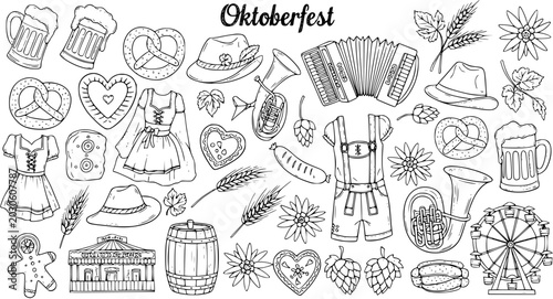 Oktoberfest German Festival Black and White Line Art Collection. Hand-drawn Traditional Bavarian Food, Drink, Clothing, Music  Event Elements Set.
